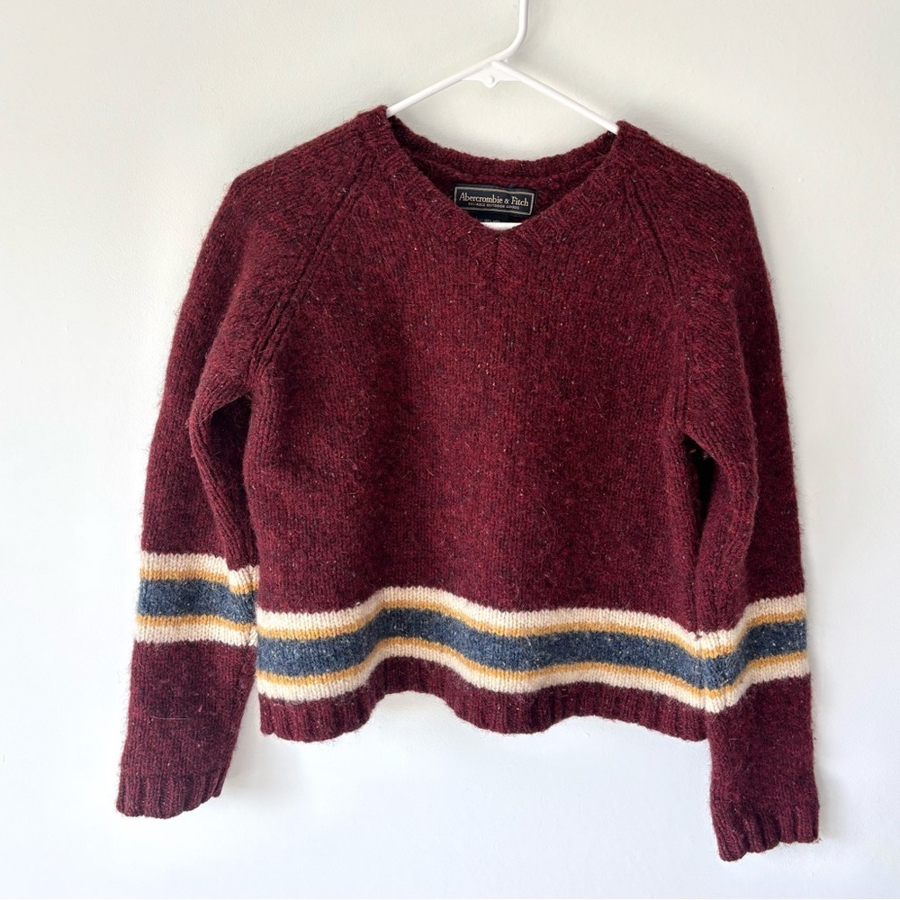 Vintage Abercrombie & Fitch Wool Cropped Sweater Burgundy Red Yellow Stripes
